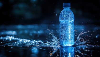 A plastic water bottle in a dark  setting, amidst splashing water.