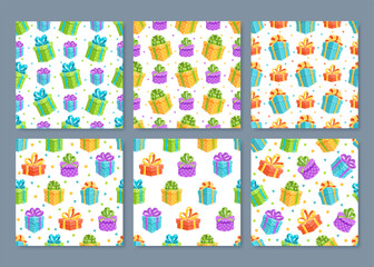 Fototapeta premium Cartoon gift box seamless pattern set in colorful wrapping. Present with ribbon and bow in flat style. Ideal for birthday celebration and festive events.