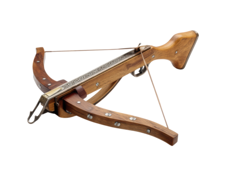 Intricately Designed Wooden Crossbow with Detailed Metal Inlays, Featuring a Traditional Trigger Mechanism and Elegant Craftsmanship, Isolated on Transparent and White Background
