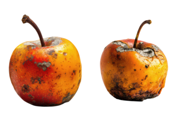 Two Rotten Apples with Mold and Decay, Showing Different Stages of Decomposition, Isolated on Transparent and White Background