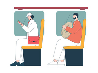 Passengers sit in the train. Commuter illustration. Flat vector illustration concept.