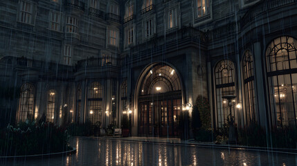 Obraz premium Elegant grand hotel entrance glowing at night with reflections shimmering on wet rainy pavement outside
