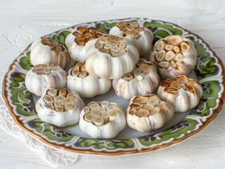 Roasted garlic heads on plate