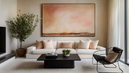 Neutral living room featuring a large abstract painting, a white sofa, and dark coffee table.  Warm beige tones create a calming atmosphere. A potted olive tree adds a touch of nature