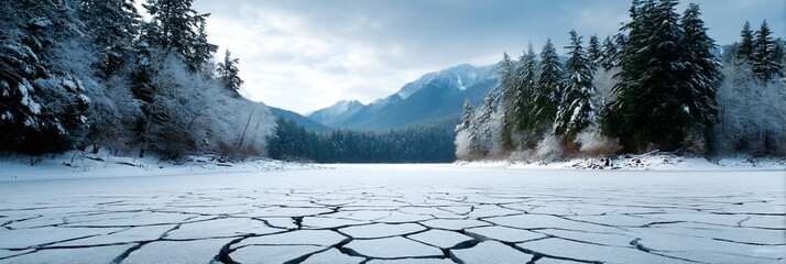 Frozen lake with snow-covered mountains and trees