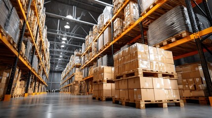 Full warehouse interior shot of stacked cardboard boxes on pallets,  showing organized storage and high ceilings. Use in articles or advertisements related to warehousing, logistics, and distribution