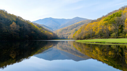 Autumn Lake Reflecting Mountains