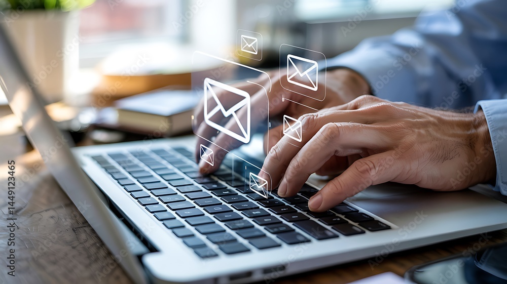 Poster man typing on laptop sending and receiving emails at home office desk with virtual email icons for d