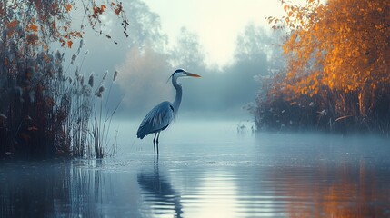 Serenity unfolds as a solitary heron graces the misty waters edge at dawn