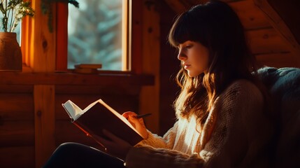Girl writing in a notebook inside a cozy cabin.