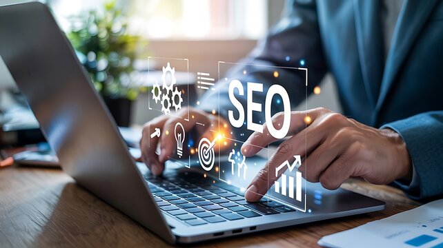 Seo Strategy And Website Optimization Professional Typing On Laptop For Enhanced Online Presence And Digital Marketing Campaign Success