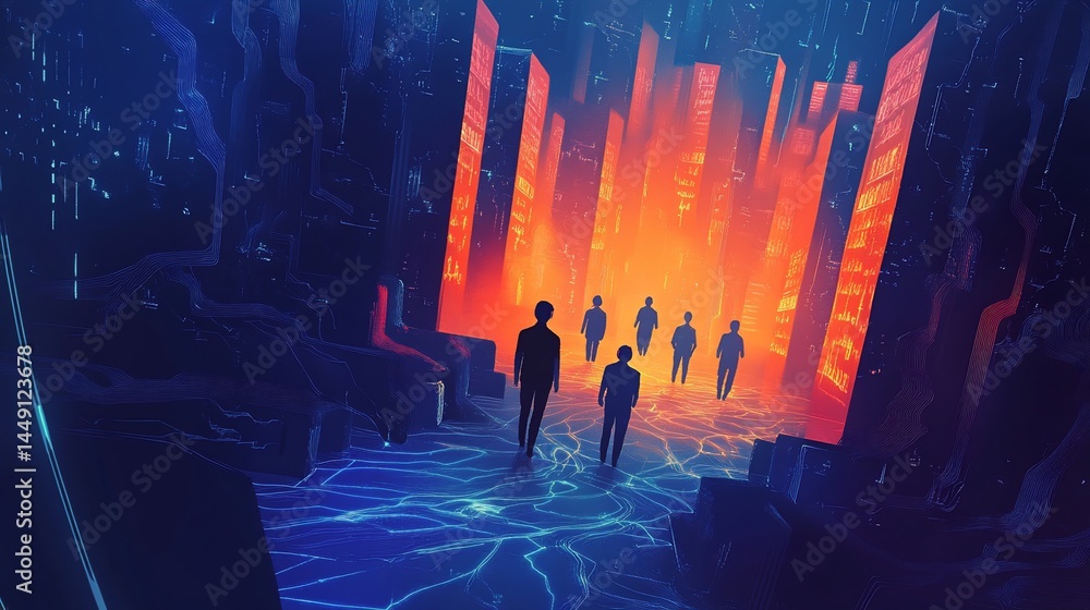 Poster silhouetted figures approaching glowing structures in a futuristic circuitry scene