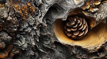 An intricately detailed close-up photograph of weathered bark featuring unique textures and patterns, with a pinecone nestled in a hollow opening of the wood. The contrasting colors of the dark, rugge