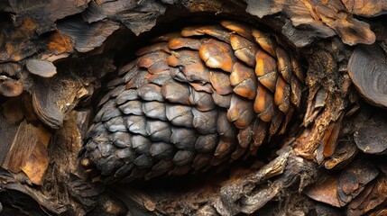 A close-up view of a pine cone nestled among textured, dark brown tree bark and wood shavings. The scales of the pine cone exhibit a natural gradient of colors ranging from deep brown to orange, blend