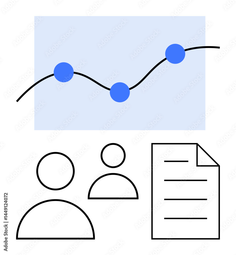 Poster abstract graph with trendline and points, two user figures, and document outline. ideal for teamwork