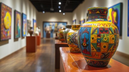 A vibrant art gallery showcasing a row of intricately designed pottery on wooden pedestals. The background features colorful abstract paintings that add to the overall aesthetic of the space. The ligh