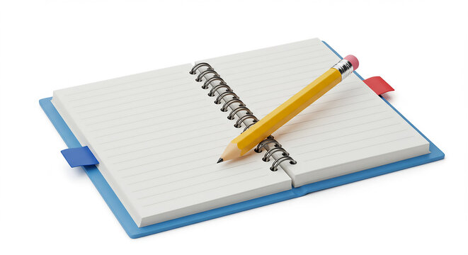 A spiral notebook with blank pages and a yellow pencil resting on top of the pages on white surface