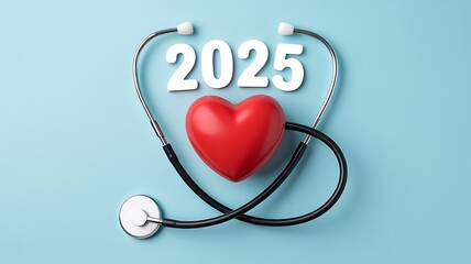 Fototapeta premium Healthcare In 2025 Concept Stethoscope With Red Heart On Blue Background