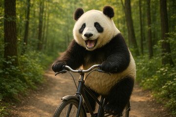 Obraz premium Joyful panda riding bicycle through serene forest path