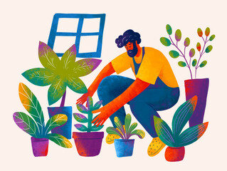 Plant care and indoor gardening activities in a vibrant setting