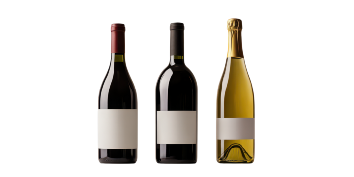 Three wine bottles with blank labels isolated on transparent background. Includes red wine and white wine. Alcohol, celebration, drink.