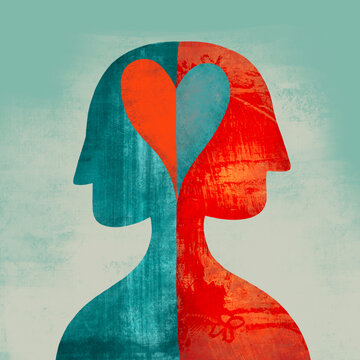 Naklejki Two faces united by a heart symbol representing love and connection