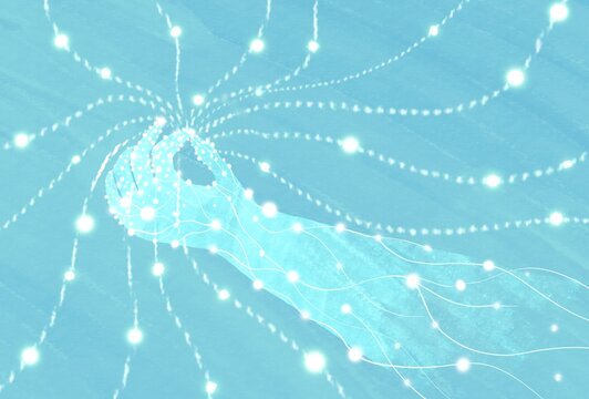 Artificial intelligence hand with lightening dots and lines 