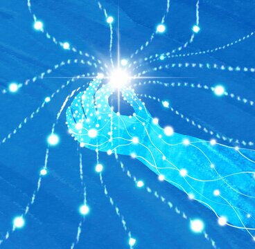 Artificial intelligence hand with lightening dots and lines 