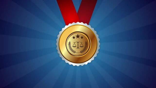 Law school competition medal with ribbon animated gold medals graduation winner champion justice legal symbol shine in front of blue background