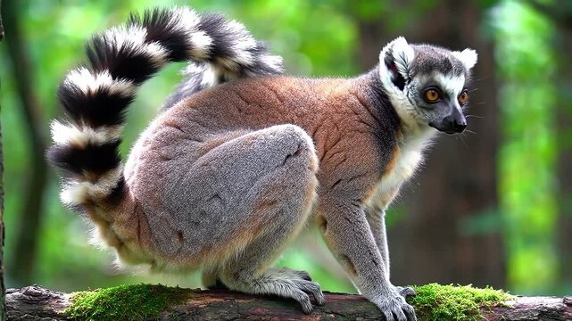 A lemur is seen curiously exploring its lush forest habitat under the warm afternoon sunlight. The vibrant green foliage and sturdy branches provide a beautiful backdrop for its playful behavior.