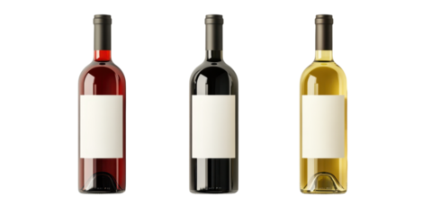 Three wine bottles with blank labels, red, dark, and white wine isolated on transparent background. Celebration, beverage and restaurant concepts.