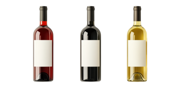 Three wine bottles with blank labels, red, dark, and white wine isolated on transparent background. Celebration, beverage and restaurant concepts.