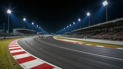 Empty race track at night under floodlights high quality image for commercial or editorial use - Powered by Adobe