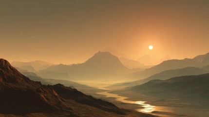 A breathtaking landscape depicting soaring mountains bathed in the soft glow of a setting sun, casting warm hues across the sky. Below, a winding river reflects the sunlight, enhancing the tranquil at
