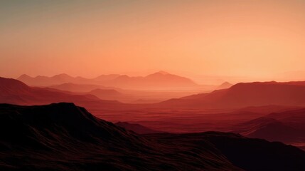A breathtaking sunset landscape depicting a serene and vast mountainous terrain. The silhouette of jagged peaks stretches across the horizon, blending seamlessly into layers of soft, warm hues of oran
