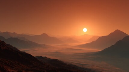 A stunning and tranquil landscape featuring silhouettes of distant mountains against a warm, glowing sunset. The sky is filled with gradient hues of orange and soft yellow, creating a dreamlike atmosp