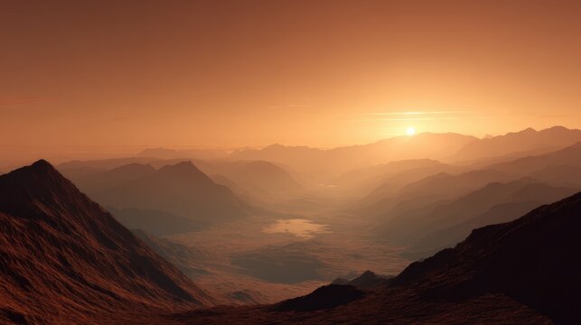 A stunning panoramic view of a mountain landscape at sunset. The sky is painted in rich hues of orange and gold as the sun descends beyond the distant peaks, casting warm light over the rugged mountai