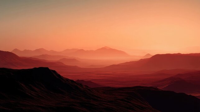 A breathtaking sunset landscape depicting a serene and vast mountainous terrain. The silhouette of jagged peaks stretches across the horizon, blending seamlessly into layers of soft, warm hues of oran