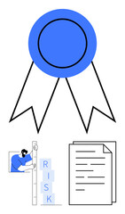 Blue ribbon symbolizing achievement, person stacking RISK blocks, and document section. Ideal for excellence, certification, risk management, compliance, success, analysis simple landing page