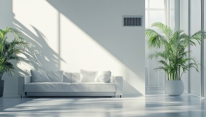 Minimalist living room bathed in sunlight, featuring a light gray sofa and large potted plants.  Bright, spacious, and modern interior design