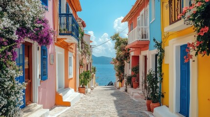 Fototapeta premium Colorful houses line a seaside street