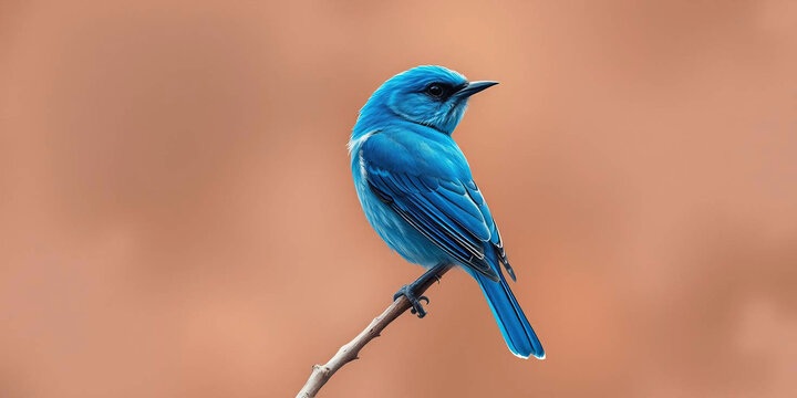 blue bird perched on a thin branch against a blurred brown background
