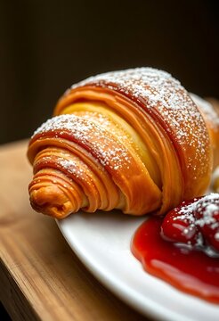 croissant with powdered sugar and jelly on a plate