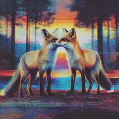 Two Foxes in a Retro-Styled Forest