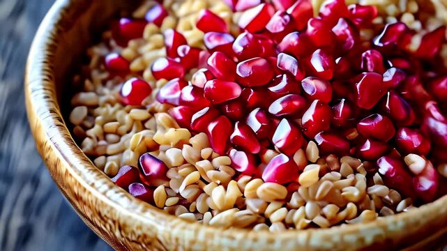 Bowl of bulgur wheat topped with fresh pomegranate seeds
