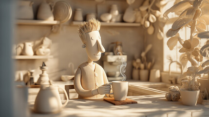 A charming 3D clay-style character in a cozy, sunlit kitchen preparing a cup of coffee. The composition conveys a warm and relatable morning ritual, making it ideal for lifestyle, editorial, and welln