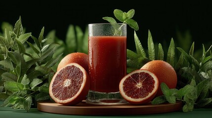 Freshly squeezed blood orange juice with vibrant greenery.