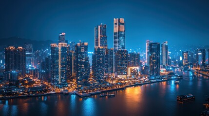 Night cityscape, illuminated skyscrapers, waterfront
