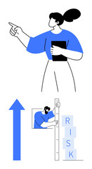 Confident woman gestures upward with clipboard, man measures stacked risk blocks, blue upward arrow indicates progress. Ideal for leadership, growth, analytics, decision-making, teamwork, innovation