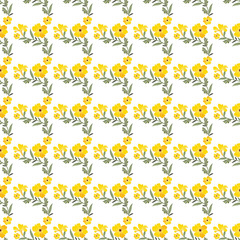 Fototapeta premium Seamless Pattern with Yellow Floral Motifs and Green Foliage on White Background